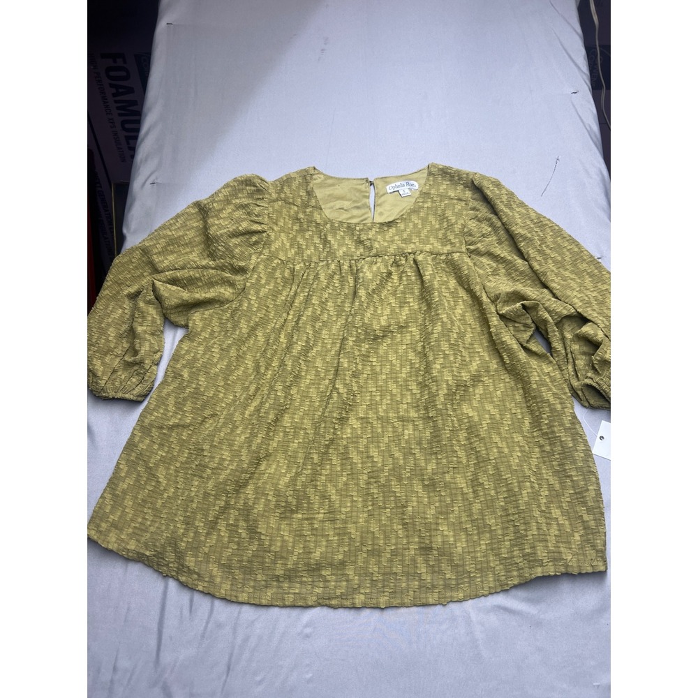Ophelia Roe Women Green Textured Clip Dot Babydoll Blouse Puff Sleeve Top Small